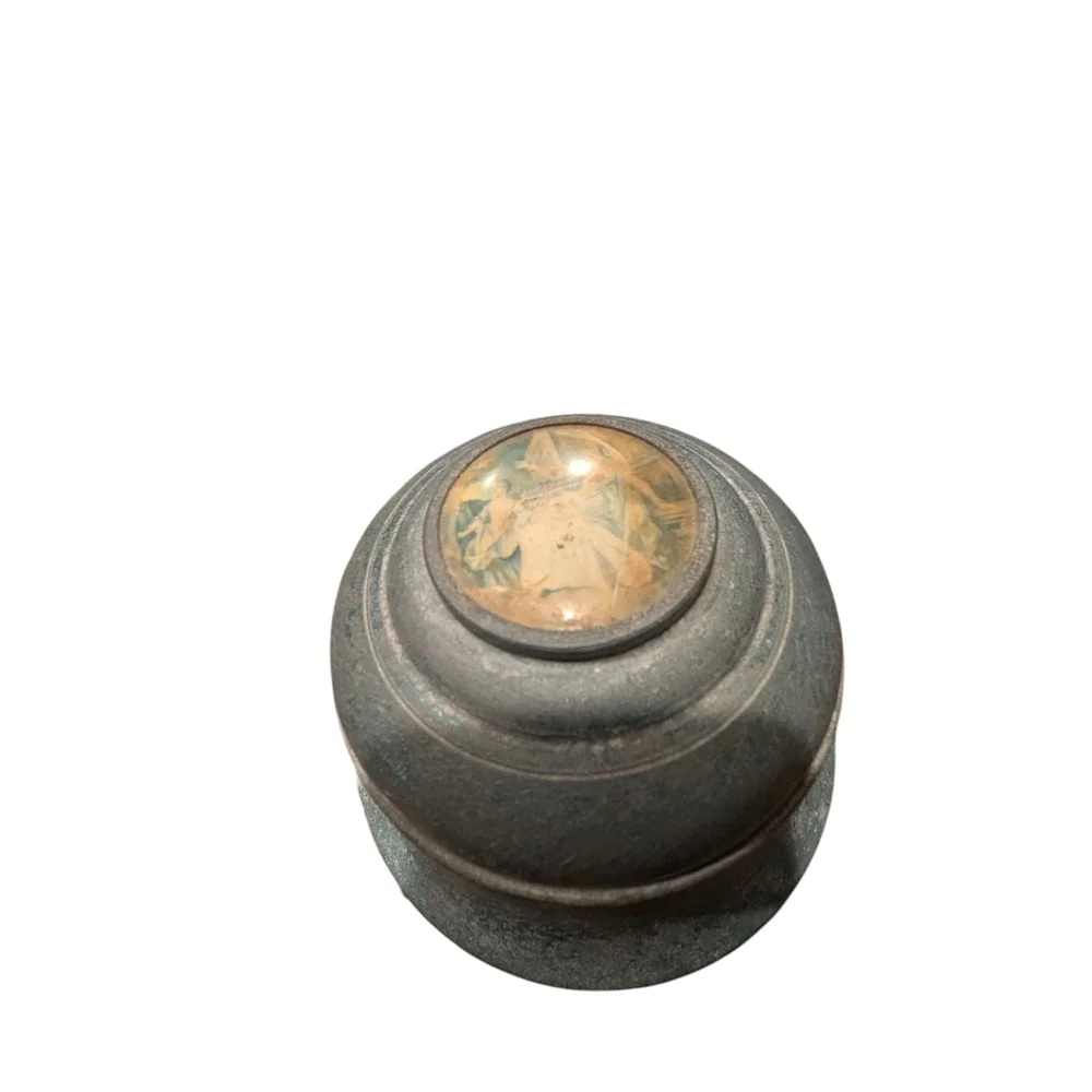 Antique Wind Up Music Powder Box With Victorian Imagery On Lid. Works.